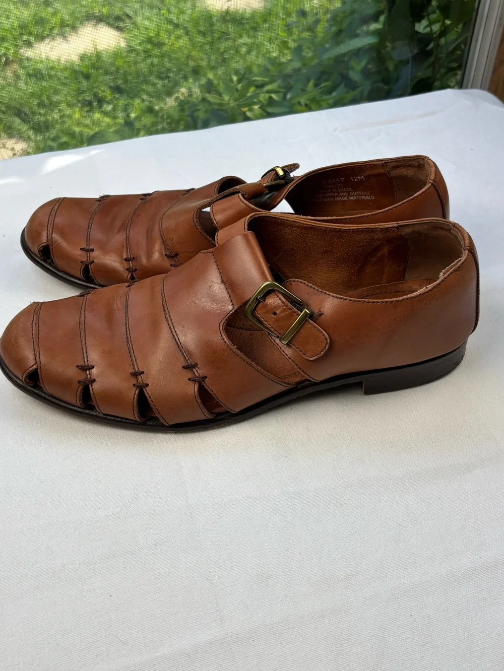 Bass Muzi Loafers British Tan Men’s Size 12 Leather Monk Strap Sandals w/Buckle